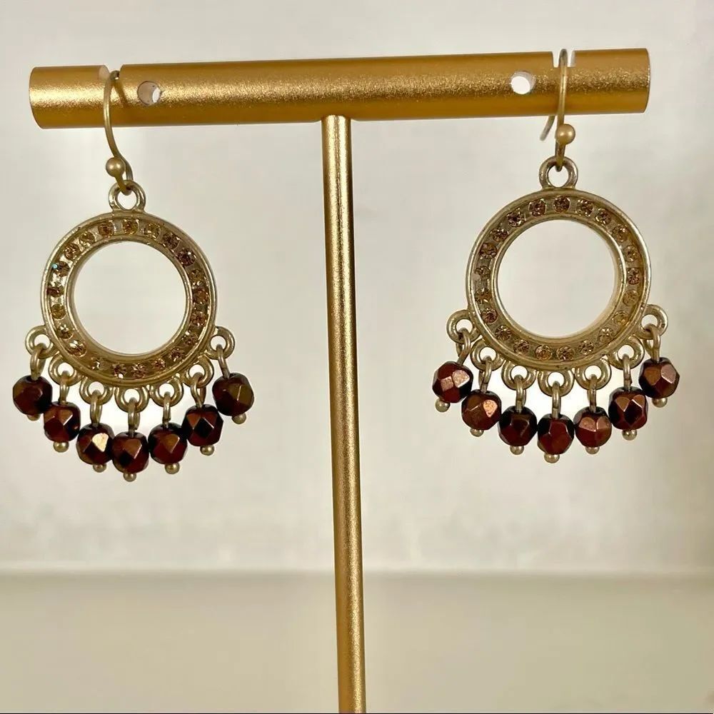 Gold tone circle rhinestone drop earrings